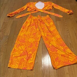 Bar 3 Two-Piece Tropical Print Wrap Top & Wide Leg Pants - Orange/Yellow